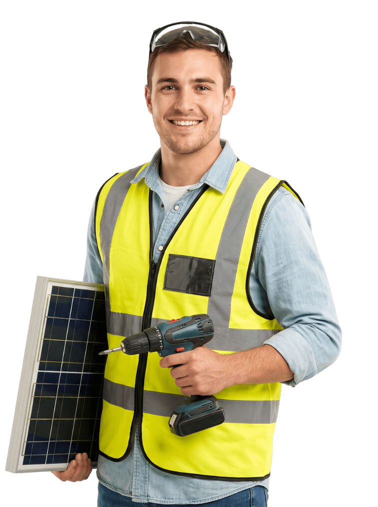 Solar installer holding a panel and drill