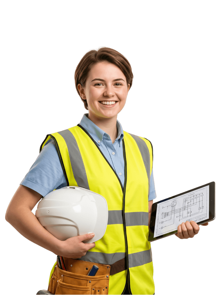 Electrician holding a hard hat and wiring diagram